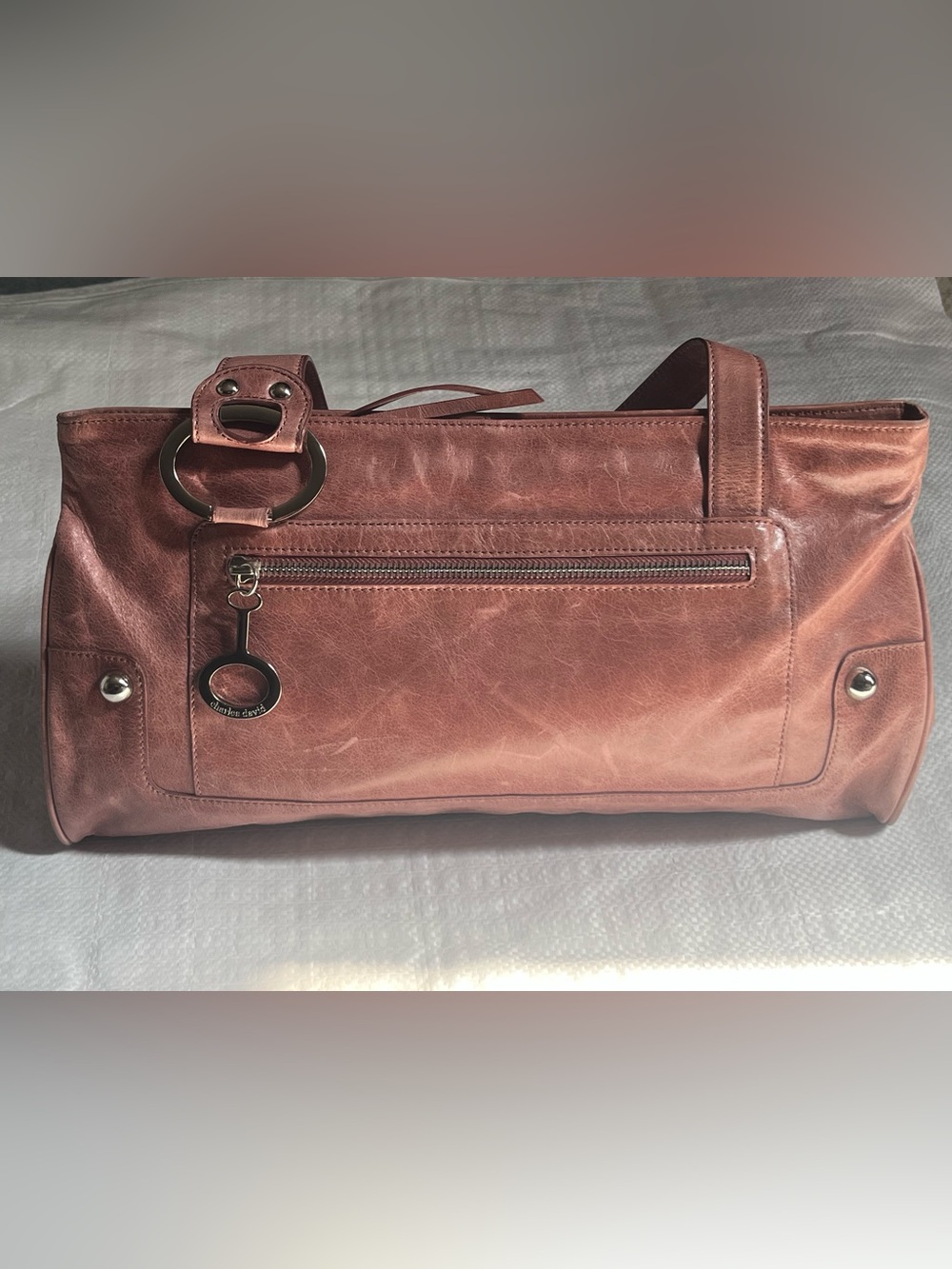Distressed Faux Leather Shoulder Bag with Front Zip Pocket